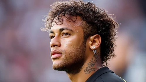 Focused footballer under stadium glow, curls crowned in sweat.
