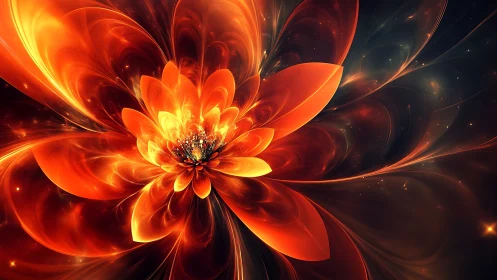 Digital fractal flower composition uses warm radial gradients