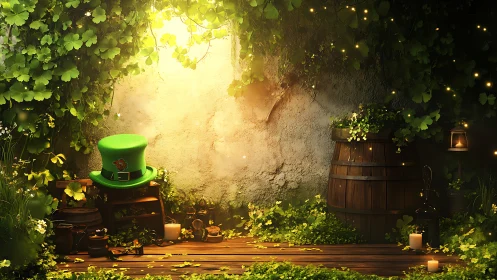 Leprechaun hat rests in glowing clover garden hideaway