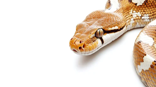 High-key close-up of patterned python head on white background