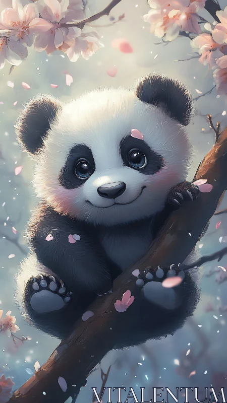 Blossom-dusted baby panda daydreaming in a spring tree.