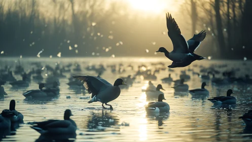 Flock of Wild Ducks on Misty Lake at Sunrise, Nature Photography.