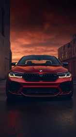 Sunset street view of a bold red performance car.