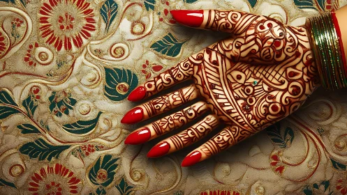 Intricate bridal mehndi hand over embroidered brocade textile.