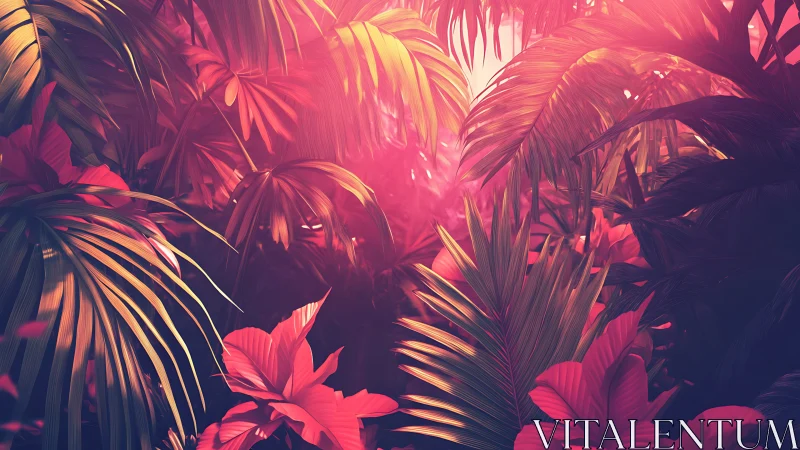 Neon pink tropical jungle foliage under glowing sunset light.