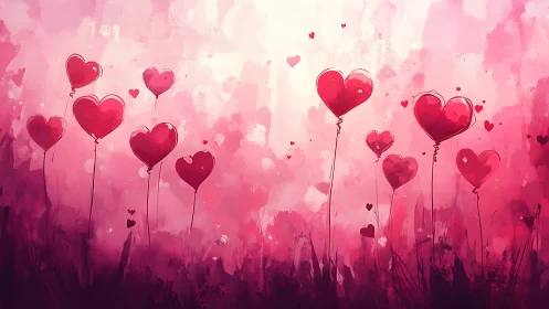 Heart-shaped balloons suspended in layered pink atmospheric landscape