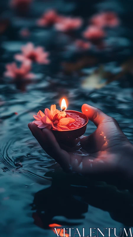 Hand cradles floating candle over teal water at dusk.