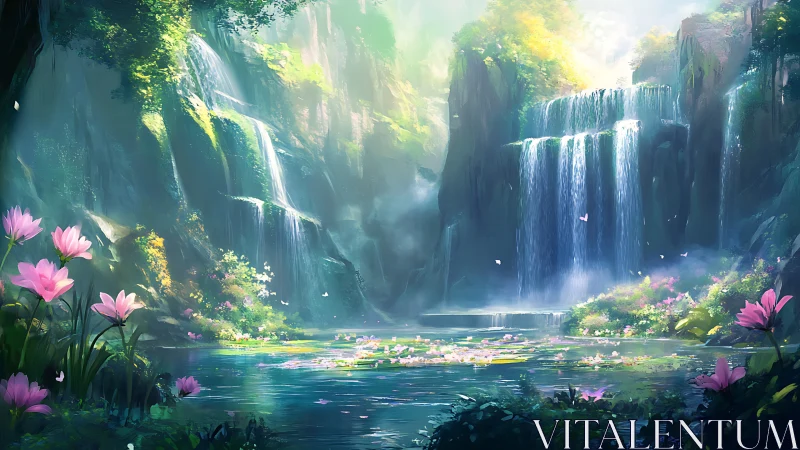 Luminescent fantasy waterfall lagoon with lotus bloom basin.