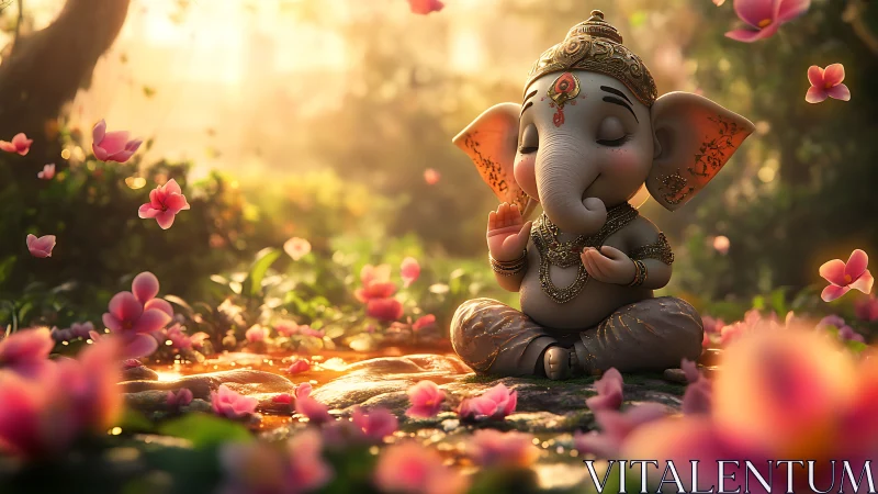 Cute baby elephant deity meditates amid glowing petals
