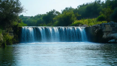 Small river waterfall flows over stone ledge into calm pool