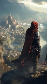 Armored scout surveying fortified valley capital from escarpment.