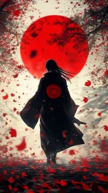 Silhouetted robed figure stands before large red sun disk