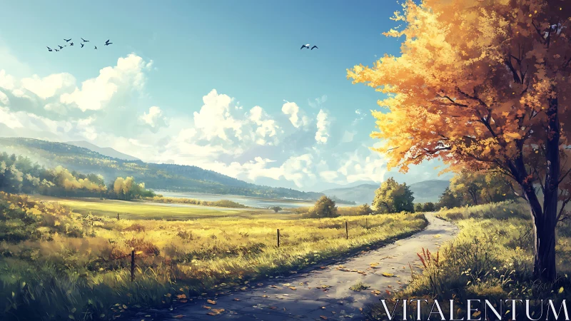 Digital pastoral landscape with autumn tree and winding path.