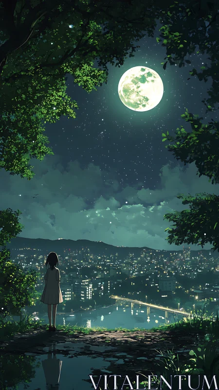 Solitary girl observes moonlit cityscape beneath dense canopy