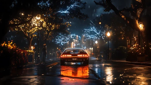 Retro car glows on a rainy city street of quiet wonder.