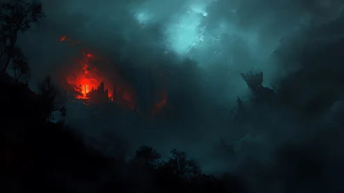 Burning Castle in Dark Stormy Landscape.