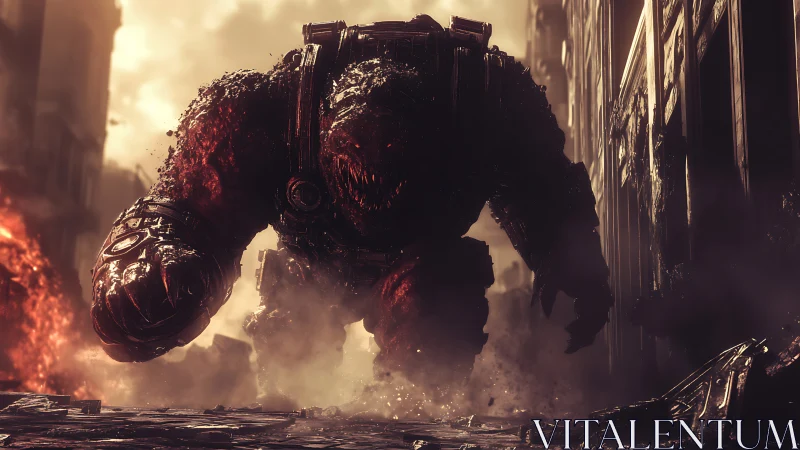 Massive armored creature advancing through ruined city street.