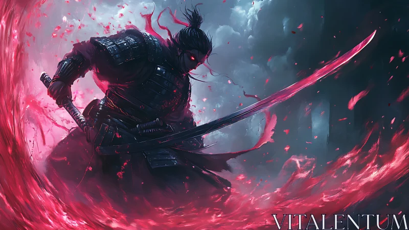 Crimson storm coils as the demon samurai carves through night