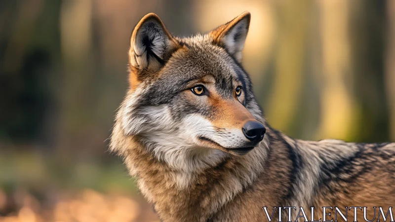 Golden-hour forest wolf portrait with focused gaze.
