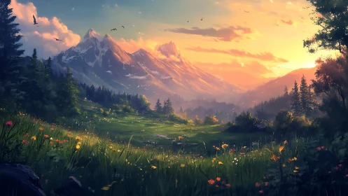 Digital painting landscape with alpine meadow and sunset glow.