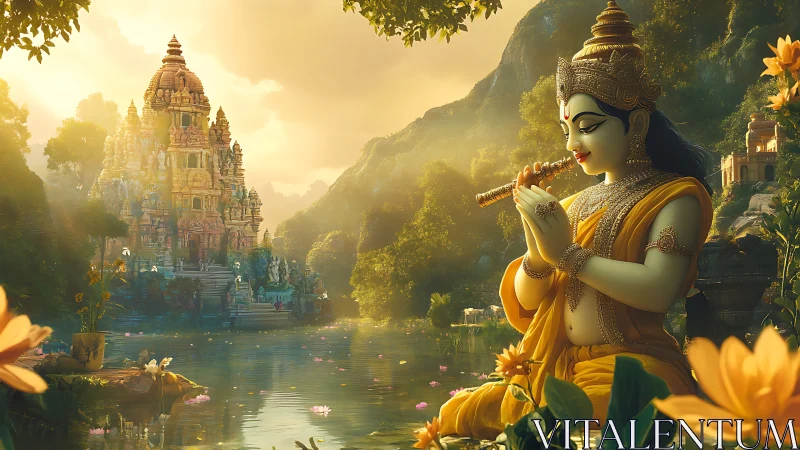 Serene river deity playing flute before ornate temple.
