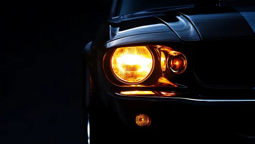 Close-up of illuminated classic car headlight in dark setting.