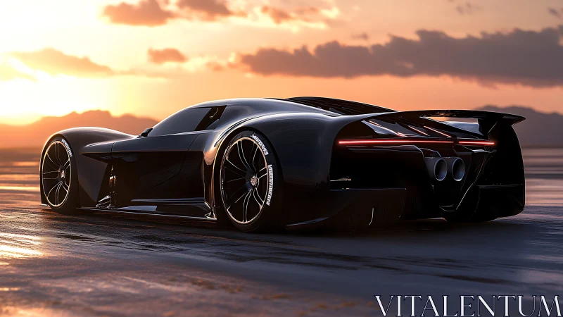 Midnight hypercar prowls a molten sunset runway horizon.