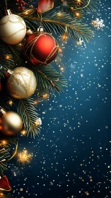 Photorealistic fir ornaments under dynamic snowfall field.