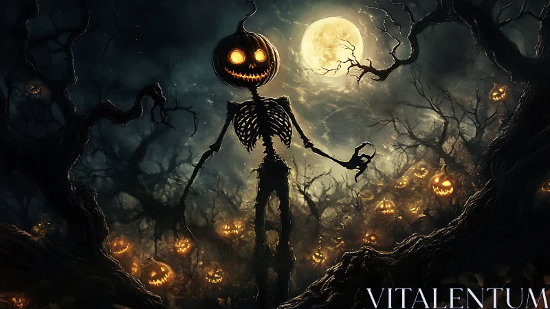 Whimsical pumpkin skeleton leading a moonlit spooky forest.