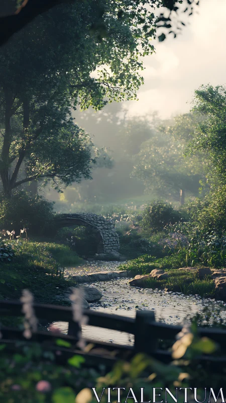 Photoreal 3D forest brook with stone footbridge at sunrise