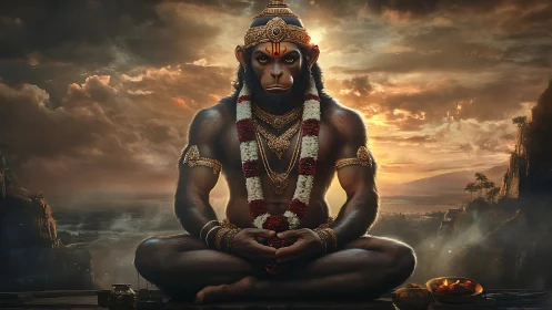 Photorealistic meditative Hanuman deity in sunset mountain vista