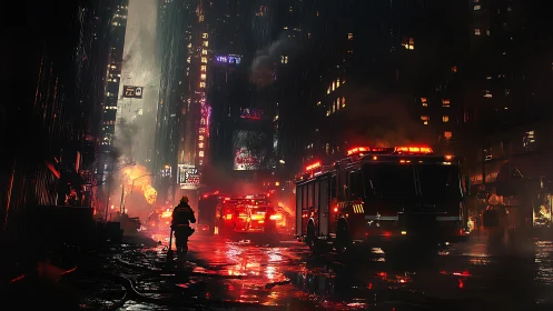 Urban night fire scene with emergency vehicles in rain.