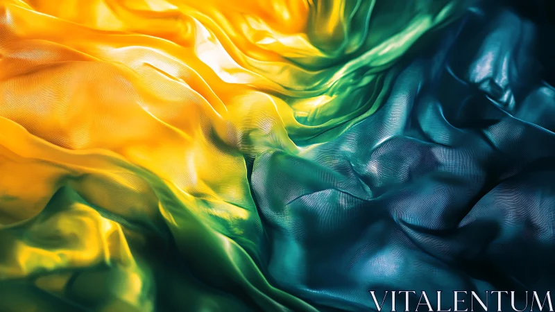 Iridescent flowing textiles in yellow teal chromatic waves.