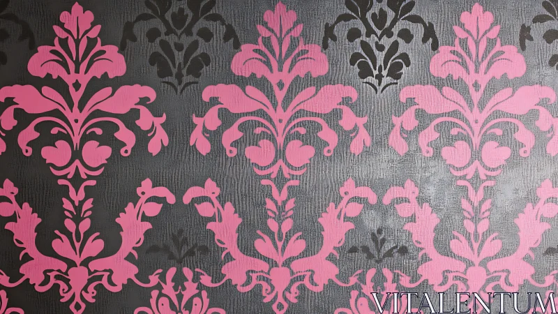 Pink and black damask pattern on textured gray surface.