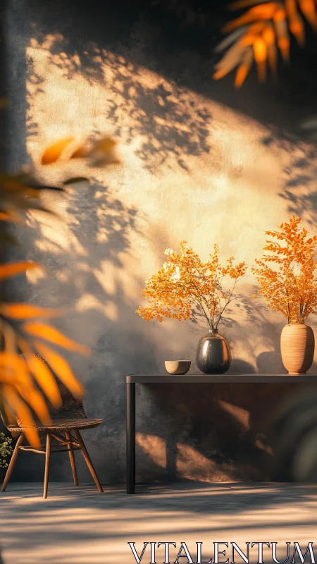 Sunlit minimalist interior renders warm autumn foliage study