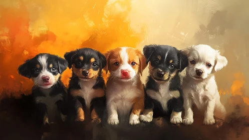 Digital puppy portrait with five colorful puppies grouped.
