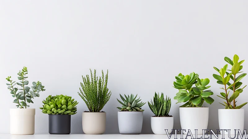 Linear arrangement of potted succulent plants on white shelf