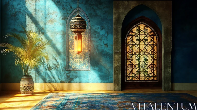 Interior renders sunlit Moorish arch window and lantern shadows