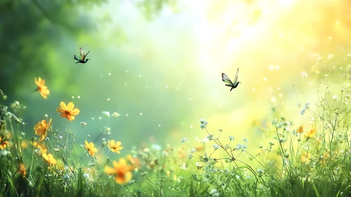 Sunlit meadow waltz with butterflies and golden blossoms.