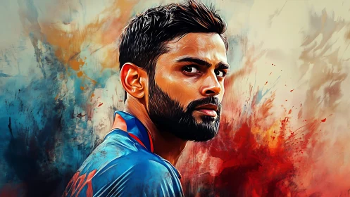 Focused cricket player surrounded by bold splashes of color.