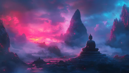 Buddha silhouette faces neon-lit misty mountains at sunrise