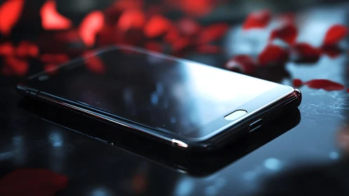 Sleek smartphone on glossy surface with scattered red petals, moody style.