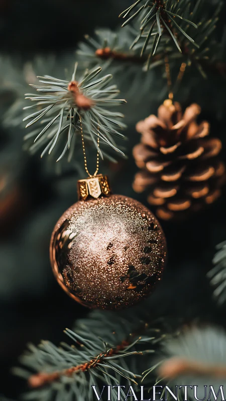 Gold ornament and pine cone on evergreen branch in close view.