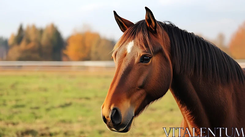 Brown horse portrait in pasture with soft autumn background.
