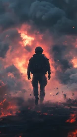 Armored soldier silhouette advances through incendiary smoke field