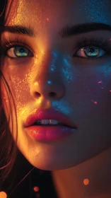 Close-up digital portrait shows illuminated female face