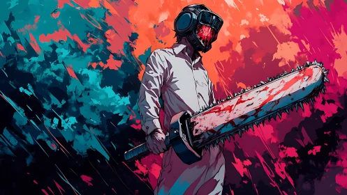 Chainsaw-wielding figure in chromatic turbulence, helmeted stance.