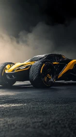Futuristic offroad supercar with massive tires in smoke.