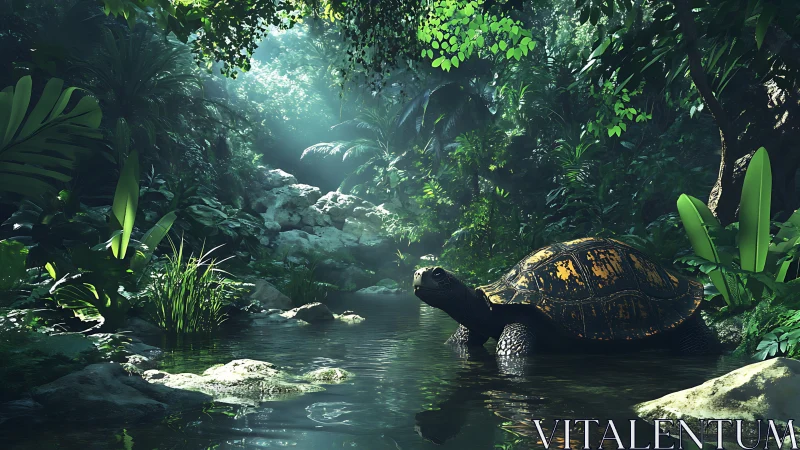 Photorealistic jungle stream with basking tortoise composition.