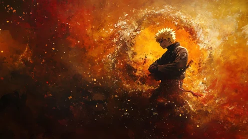 Solitary anime warrior stands amid blazing abstract vortex